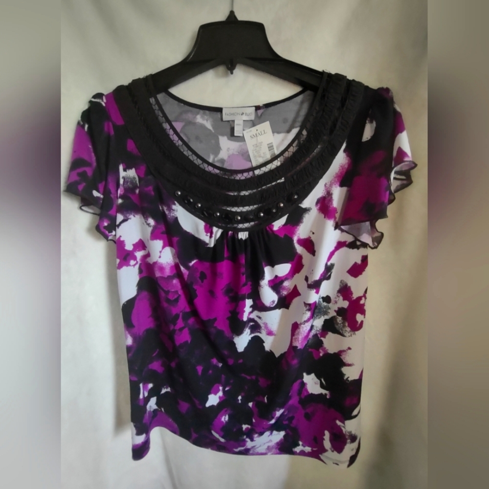 Fashion Bug White, Blackand Purple Cap Sleeve Blouse with Ruffled Embellishments
